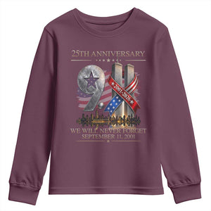 We Will Never Forget 9 11 Memorial 25th Anniversary Youth Sweatshirt Patriotic American Flag Ribbon