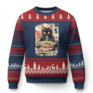 Ramen Noodles Black Cat Graphic Ugly Christmas Sweater Kawaii Retro Japan Y2K Cats Manga Anime TS02 Navy Red Print Your Wear