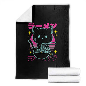 Kawaii Ramen Cat Throw Blanket Retro Japanese Noodles Lover Anime Aesthetic TS02 Black Print Your Wear