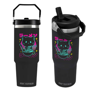 Kawaii Ramen Cat Flip Straw Tumbler Retro Japanese Noodles Lover Anime Aesthetic TS02 One Size: 30 oz Black Print Your Wear