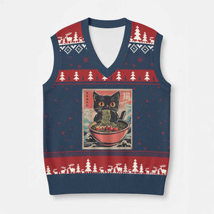 Cat Ramen Japanese Inspo Graphic V-Neck Knit Sweater Vest Funny Kawaii Cat Anime Gifts TS02 Navy Red Print Your Wear