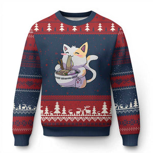 Ramen Cat Kawaii Ugly Christmas Sweater Anime Japanese Neko Cute Graphic TS02 Navy Red Print Your Wear