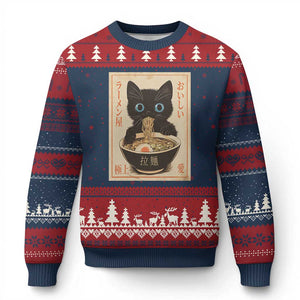 Vintage Kawaii Cat Ramen Graphic Ugly Christmas Sweater Retro Japanese Anime Inspo TS02 Navy Red Print Your Wear