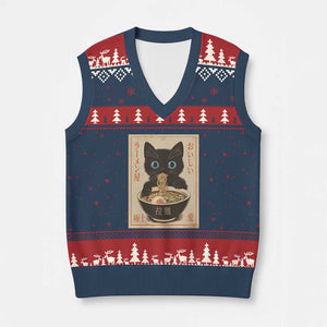 Vintage Kawaii Cat Ramen Graphic V-Neck Knit Sweater Vest Retro Japanese Anime Inspo TS02 Navy Red Print Your Wear