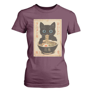 Vintage Kawaii Cat Ramen Graphic T Shirt For Women Retro Japanese Anime Inspo TS02 Maroon Print Your Wear