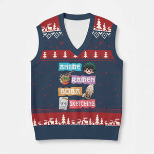 Anime Ramen Boba Sketching V-Neck Knit Sweater Vest Kawaii Otaku Anime Manga Japanese Pop Culture Cute Graphic TS02 Navy Red Print Your Wear
