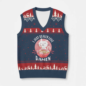 Funny Kawaii Cat Ramen Japanese V-Neck Knit Sweater Vest I Just Really Love Ramen Otaku Manga Cute Graphic TS02 Navy Red Print Your Wear