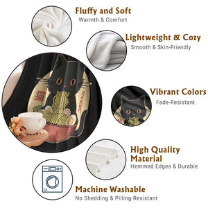 Kawaii Black Cat Eating Ramen Throw Blanket Funny Graphic Japanese Kawaii Anime Inspo TS02 Print Your Wear