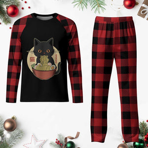 Kawaii Black Cat Eating Ramen Plaid Pajama Set Funny Graphic Japanese Kawaii Anime Inspo TS02 Buffalo Plaid Print Your Wear