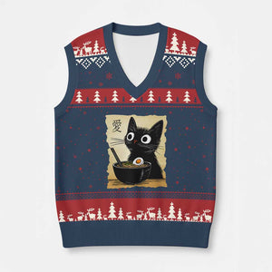 Funny Kawaii Cat Ramen V-Neck Knit Sweater Vest Japanese Noodles Lover Anime Otaku Manga Retro TS02 Navy Red Print Your Wear