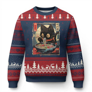 Funny Black Cat Eating Ramen Noodle Graphic Ugly Christmas Sweater Japanese Kawaii Anime Gifts TS02 Navy Red Print Your Wear