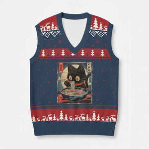 Funny Black Cat Eating Ramen Noodle Graphic V-Neck Knit Sweater Vest Japanese Kawaii Anime Gifts TS02 Navy Red Print Your Wear