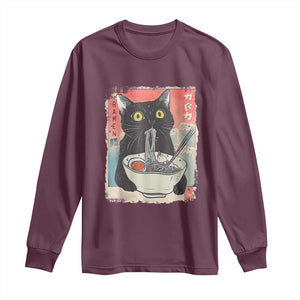 Funny Black Cat Eating Ramen Noodle Graphic Long Sleeve Shirt Japanese Anime Manga Kawaii Cats TS02 Maroon Print Your Wear