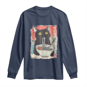 Funny Black Cat Eating Ramen Noodle Graphic Long Sleeve Shirt Japanese Anime Manga Kawaii Cats TS02 Navy Print Your Wear