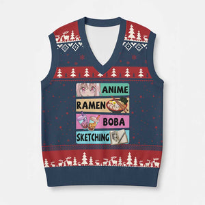 Anime Ramen Boba Sketching V-Neck Knit Sweater Vest Kawaii Otaku Manga Lover Japanese Pop Culture TS02 Navy Red Print Your Wear