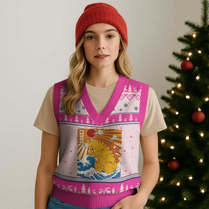 Funny Giant Cat Monster Japanese Anime Kawaii V-Neck Knit Sweater Vest Retro Vintage Japan Inspo Graphic TS02 Hot Pink Print Your Wear