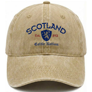 Scotland Celtic Nation Est 843 Washed Cotton Baseball Cap Lion Rampant Shield Patriotic Scottish Heritage