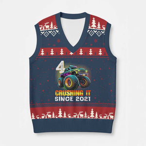 Monster Truck Birthday V-Neck Knit Sweater Vest Happy 4th Bday Party 4 Years Old Boy TS02 Navy Red Print Your Wear