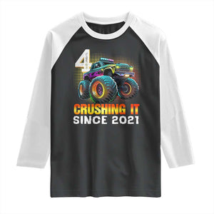 Monster Truck Birthday Raglan Shirt Happy 4th Bday Party 4 Years Old Boy TS02 Black White Print Your Wear