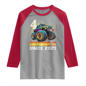 Monster Truck Birthday Raglan Shirt Happy 4th Bday Party 4 Years Old Boy TS02 Sport Gray Red Print Your Wear