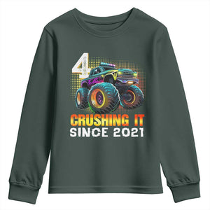 Monster Truck Birthday Youth Sweatshirt Happy 4th Bday Party 4 Years Old Boy TS02 Dark Forest Green Print Your Wear