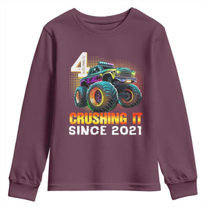 Monster Truck Birthday Youth Sweatshirt Happy 4th Bday Party 4 Years Old Boy TS02 Maroon Print Your Wear