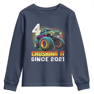 Monster Truck Birthday Youth Sweatshirt Happy 4th Bday Party 4 Years Old Boy TS02 Navy Print Your Wear