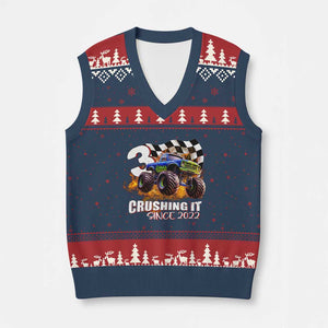 Monster Truck Birthday V-Neck Knit Sweater Vest Happy 3rd Bday Party 3 Years Old Boy TS02 Navy Red Print Your Wear