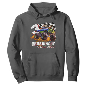 Monster Truck Birthday Hoodie Happy 3rd Bday Party 3 Years Old Boy TS02 Dark Heather Print Your Wear