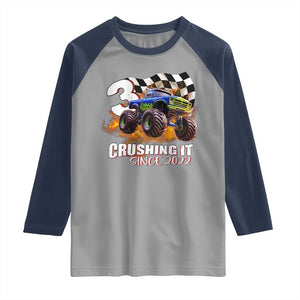 Monster Truck Birthday Raglan Shirt Happy 3rd Bday Party 3 Years Old Boy TS02 Sport Gray Navy Print Your Wear