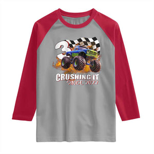 Monster Truck Birthday Raglan Shirt Happy 3rd Bday Party 3 Years Old Boy TS02 Sport Gray Red Print Your Wear