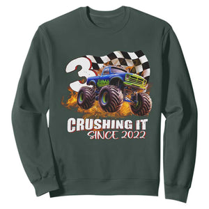 Monster Truck Birthday Sweatshirt Happy 3rd Bday Party 3 Years Old Boy TS02 Dark Forest Green Print Your Wear
