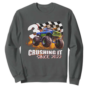 Monster Truck Birthday Sweatshirt Happy 3rd Bday Party 3 Years Old Boy TS02 Dark Heather Print Your Wear