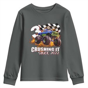 Monster Truck Birthday Youth Sweatshirt Happy 3rd Bday Party 3 Years Old Boy TS02 Dark Heather Print Your Wear