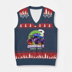 Monster Truck Birthday V-Neck Knit Sweater Vest 3 Years Old Boys Happy 3rd Bday Party TS02 Navy Red Print Your Wear
