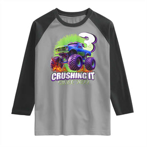 Monster Truck Birthday Raglan Shirt 3 Years Old Boys Happy 3rd Bday Party TS02 Sport Gray Black Print Your Wear