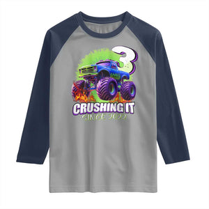 Monster Truck Birthday Raglan Shirt 3 Years Old Boys Happy 3rd Bday Party TS02 Sport Gray Navy Print Your Wear