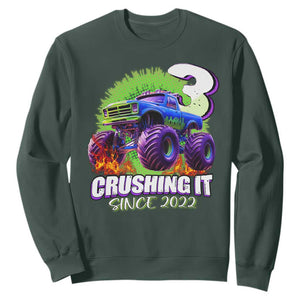 Monster Truck Birthday Sweatshirt 3 Years Old Boys Happy 3rd Bday Party TS02 Dark Forest Green Print Your Wear