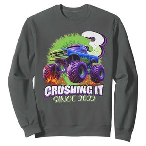 Monster Truck Birthday Sweatshirt 3 Years Old Boys Happy 3rd Bday Party TS02 Dark Heather Print Your Wear