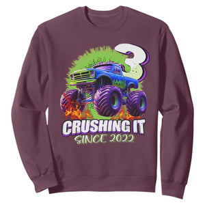 Monster Truck Birthday Sweatshirt 3 Years Old Boys Happy 3rd Bday Party TS02 Maroon Print Your Wear