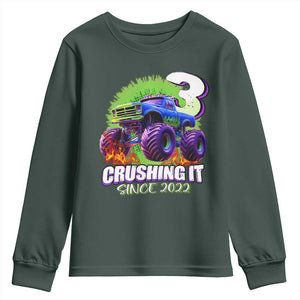 Monster Truck Birthday Youth Sweatshirt 3 Years Old Boys Happy 3rd Bday Party TS02 Dark Forest Green Print Your Wear