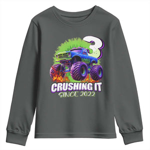 Monster Truck Birthday Youth Sweatshirt 3 Years Old Boys Happy 3rd Bday Party TS02 Dark Heather Print Your Wear