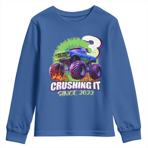 Monster Truck Birthday Youth Sweatshirt 3 Years Old Boys Happy 3rd Bday Party TS02 Royal Blue Print Your Wear