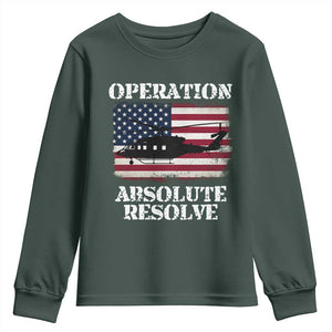 Operation Absolute Resolve Youth Sweatshirt US Military Extraction Mission American Flag TS02 Dark Forest Green Print Your Wear