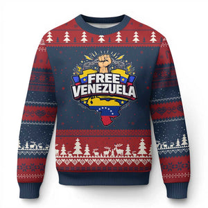 Free Venezuela Raised Fist Ugly Christmas Sweater Libre Venezuelan Flag Map Liberation TS02 Navy Red Print Your Wear