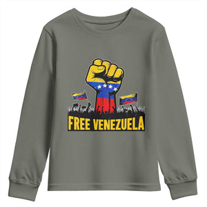 Free Venezuela Flag Youth Sweatshirt Raised Fist Resistance for Liberation Supporters TS02 Military Green Print Your Wear