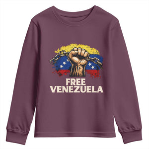 Free Venezuela Flag Chain Breaker Youth Sweatshirt Powerful Liberation for Liberation Supporters TS02 Maroon Print Your Wear