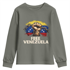 Free Venezuela Flag Chain Breaker Youth Sweatshirt Powerful Liberation for Liberation Supporters TS02 Military Green Print Your Wear
