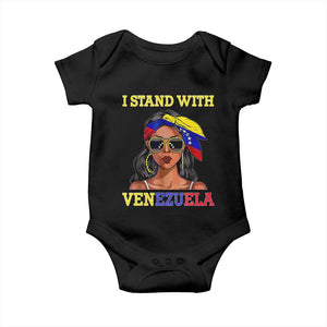 Stand With Venezuela Patriotic Baby Onesie Venezuelan Flag Empowering Afro Latina Messy Bun Bandana TS02 Black Print Your Wear