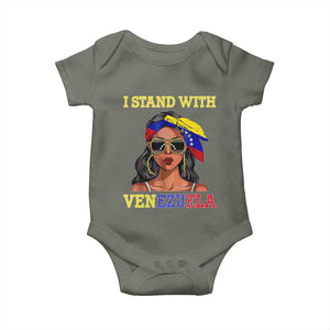 Stand With Venezuela Patriotic Baby Onesie Venezuelan Flag Empowering Afro Latina Messy Bun Bandana TS02 Military Green Print Your Wear